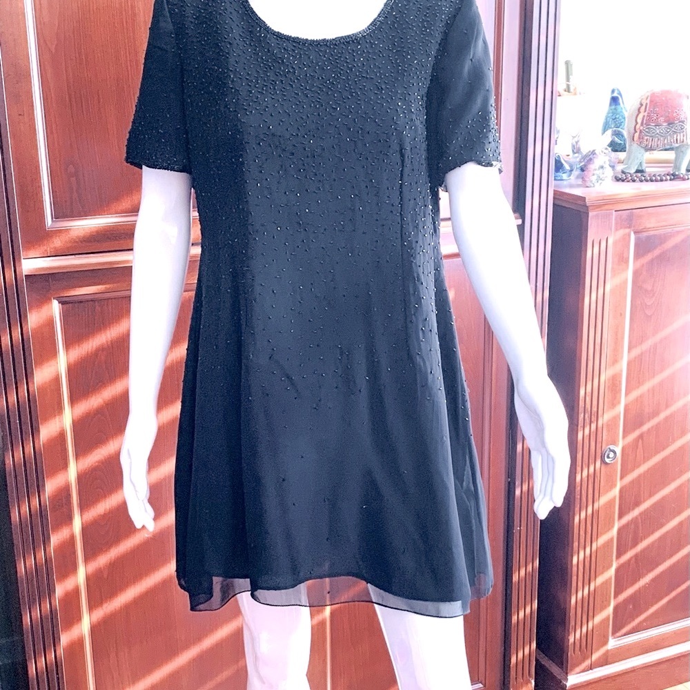 English Richards Shiny Black mini Sheer Dress fully embelished Half Sleeve US 12
